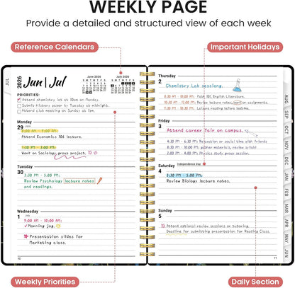 Planner 2026-2027, Academic Monthly and Weekly Calendar Planner for Women, July 2026 - June 2027, Hardcover Pretty Agenda Planner Book with Tabs, Spiral Daily Organizer for School Office Home Supplies, 6.3" x 8.5" - Blue Floral
