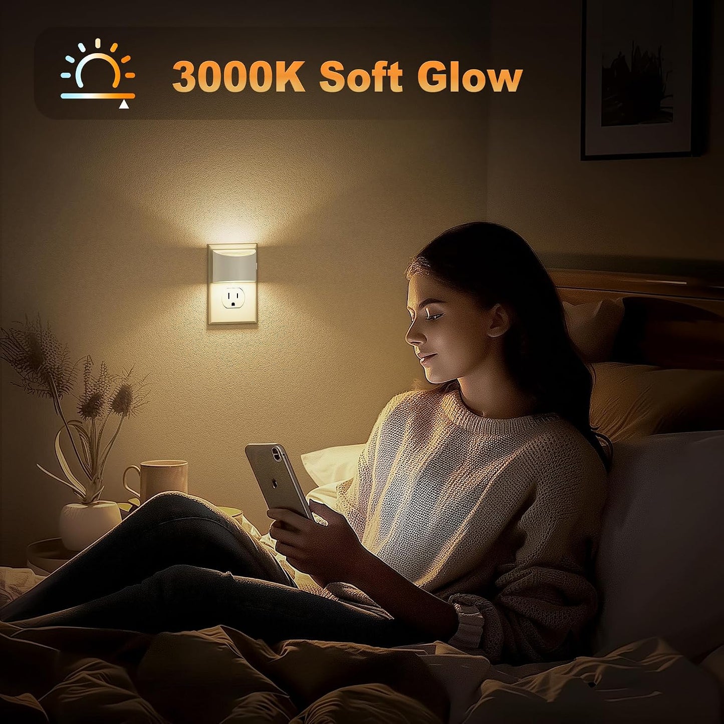 JandCase Night Light, Modern Night Lights Plug into Wall,2 Pack Dusk to Dawn Sensor Nightlight, Amber Brightness Adjustable Nightlight for Kids Bathroom Hallway Kitchen Bedroom Decor