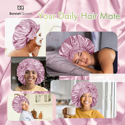 BONNET QUEEN Silk Bonnet for Sleeping for Women Satin Bonnet Night Cap for Curly Hair with Tie Band, Single Layer, Cream Pink