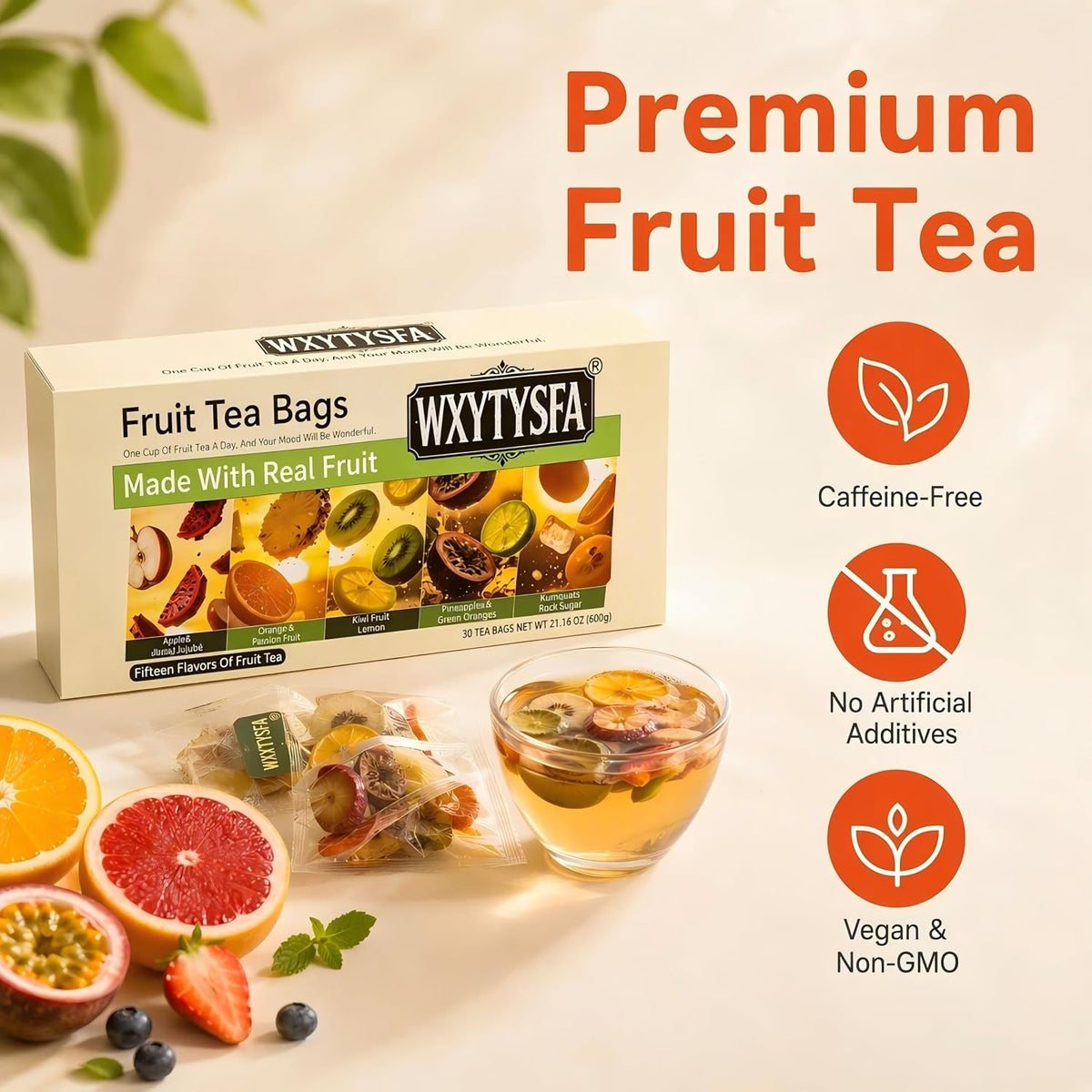 Fruit Tea Gift Box - 30 Indiv Wrapped Bags, Caffeine-Free, 1.35lbs