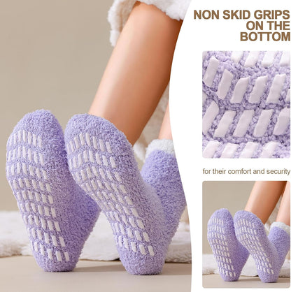 5 Pairs Fuzzy Socks with Grips for Women, Non Slip Cozy Fluffy Soft Socks, Winter Sleep Slipper Hospital