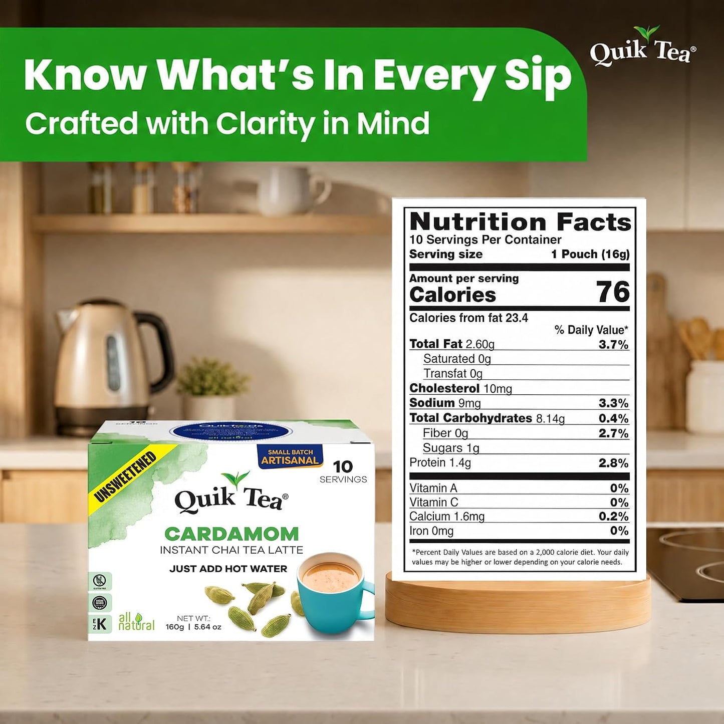 QuikTea Instant Chai Tea Latte Mix, Lemongrass, Unsweetened, 10 Sachets