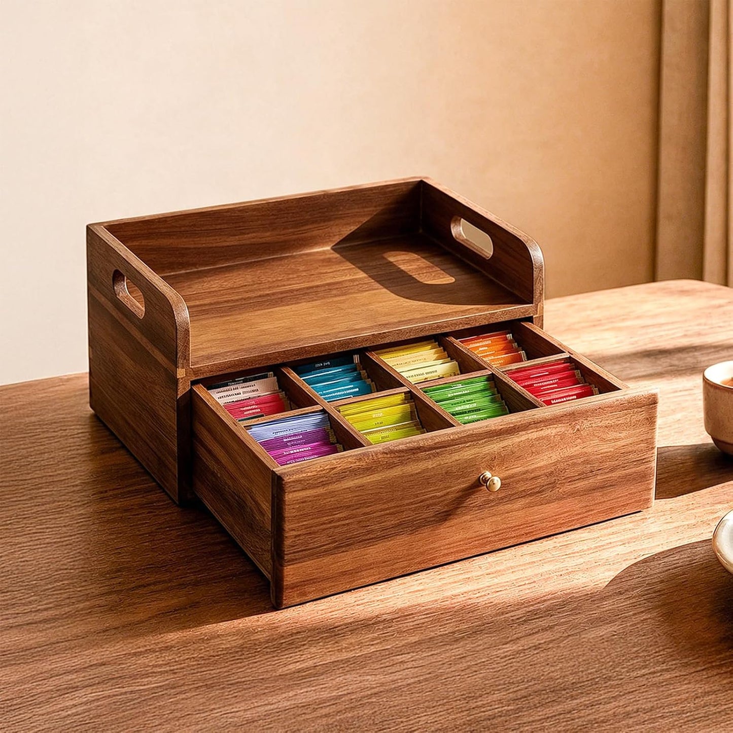 SARUFO Acacia Wood Tea Bag Organizers, Tea Packet Storage Boxes, 8-Compartment Tea Caddy for Tea Bags Chest, Teabag Holder Containers, Teabox Station Display