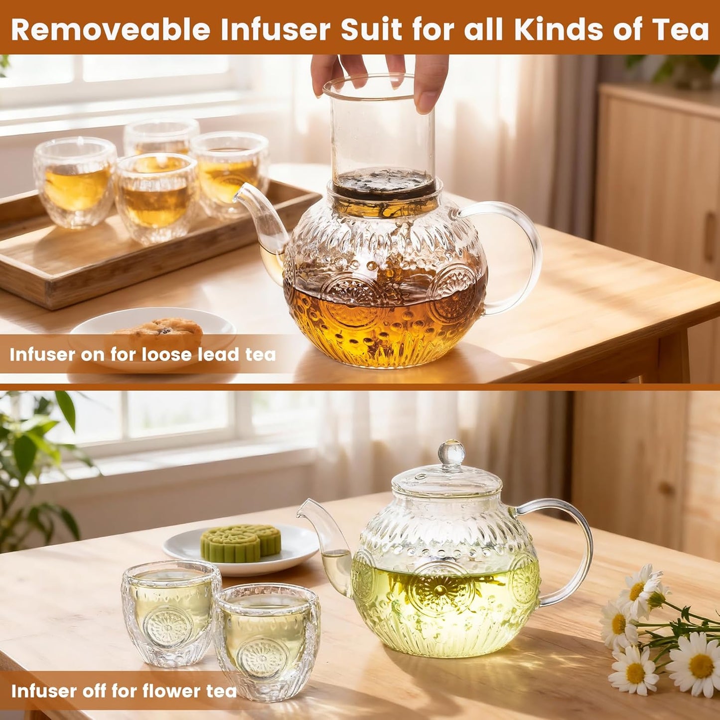 Bandesun Vintage Glass Teapot, Tea Kettle with Removable Infuser 32OZ/1000ml, Borosilicate Glass Pot -Stovetop Safe, Blooming & Loose Leaf Tea Maker Set