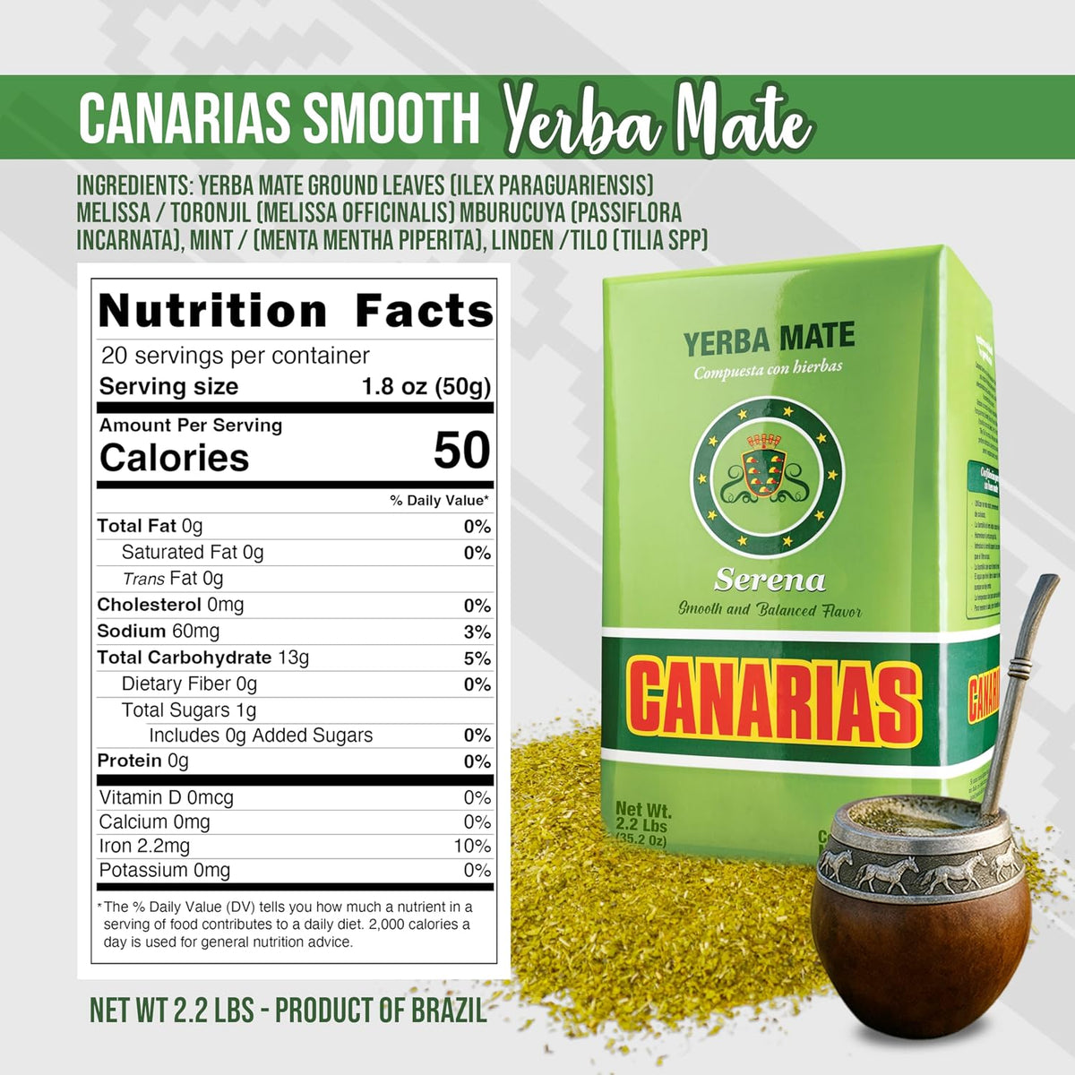 Canarias Serena Yerba Mate Herbal Uruguayan Loose Leaf Tea 1 kg Pack of 2