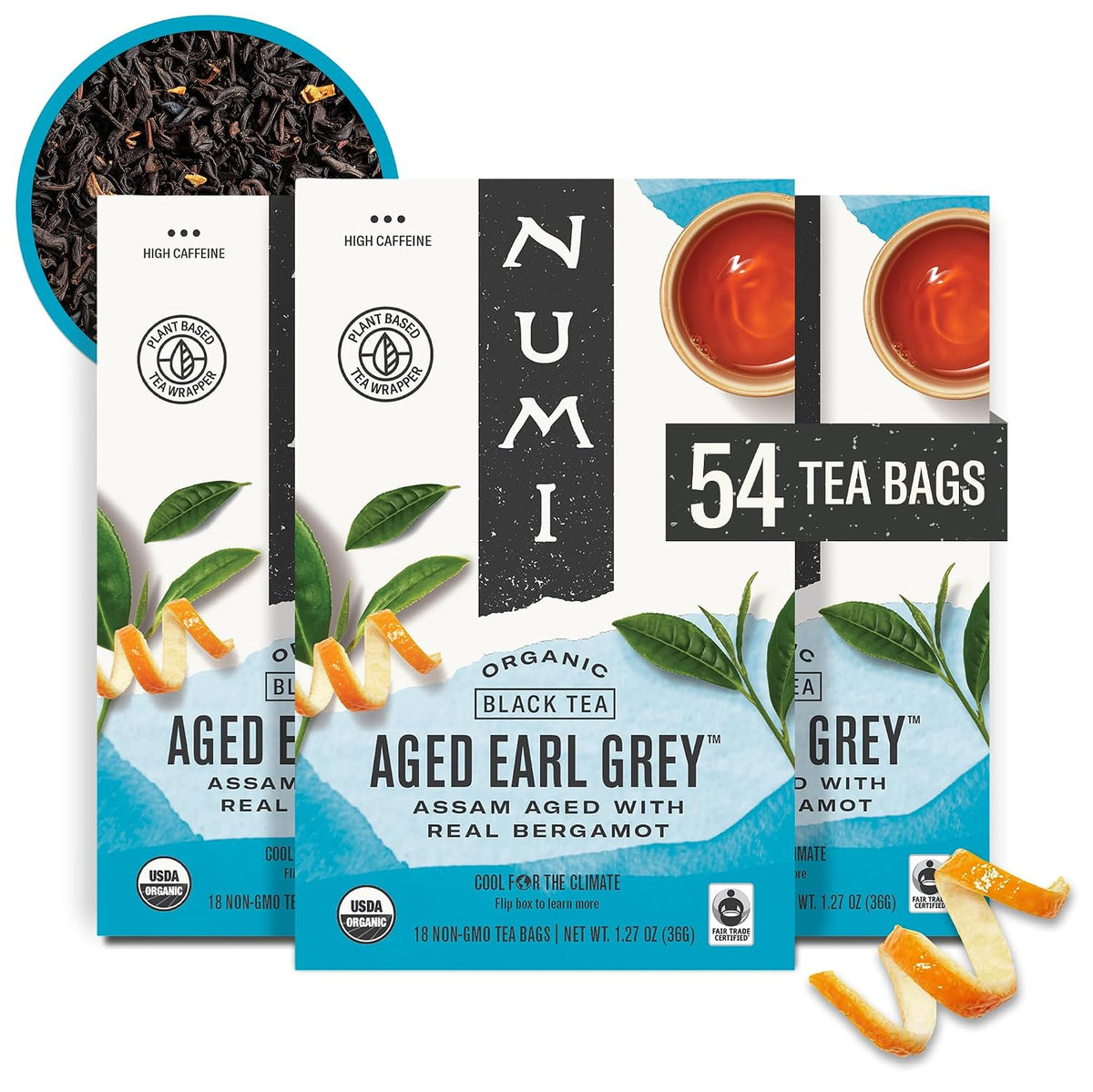 Numi Organic Aged Earl Grey Tea, 54 Black Tea Bags with Real Bergamot