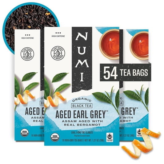 Numi Organic Aged Earl Grey Tea, 54 Black Tea Bags with Real Bergamot