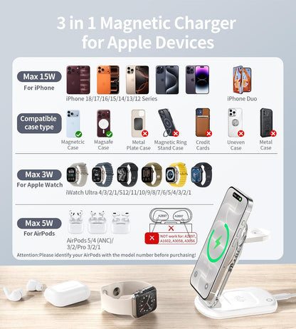 Mukiya 3 in 1 Magnetic Wireless Charging Station for Apple Devices