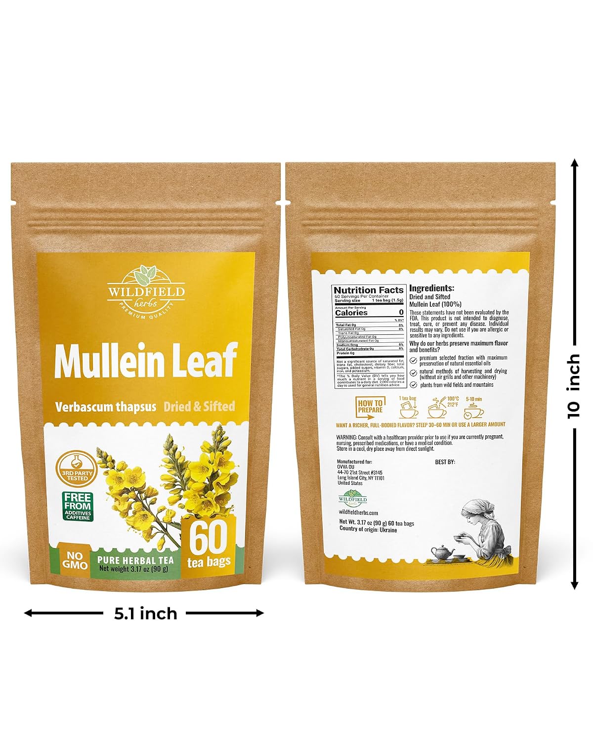 60 Bags Mullein Leaf Tea (Verbáscum L.) - 60 Count 2g Bags Mullen Leaves Mullein Mulungu Hoja De Gordolobo