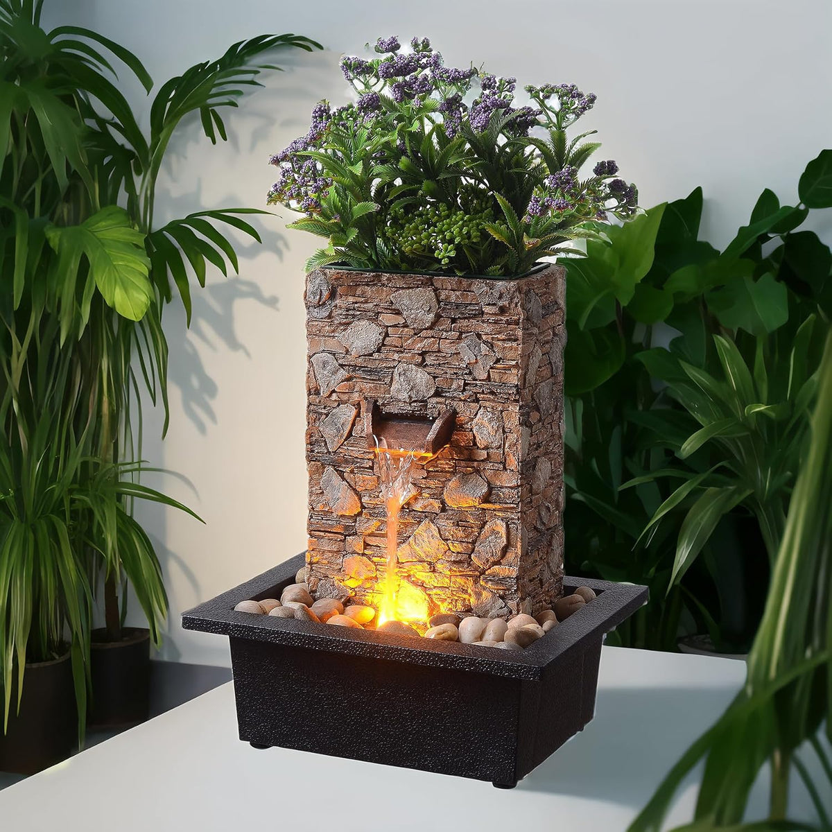 Kalona Indoor Tabletop Water Fountain – 3-Tier Resin Waterfall with LED Lights, Mini Bonsai Planter & Cascading Water Flow – Soothing Desk Fountain for Home, Office, Meditation Decor(22024)