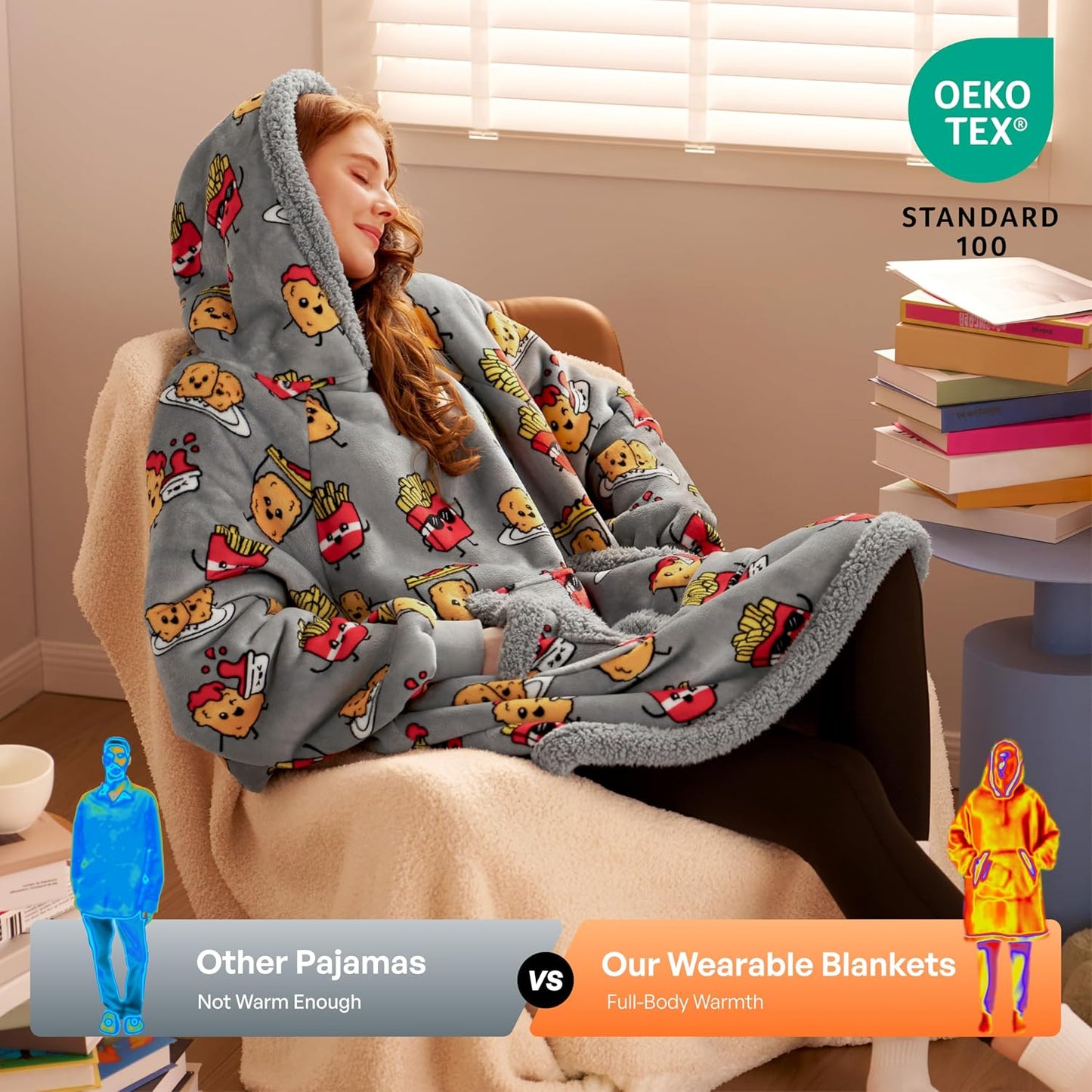 Giggling Getup Wearable Blanket Hoodie for Adults Gifts for Teen Girls Sister Women Sherpa Fleece Printed Hooded Blanket Sweatshirt Warm Cozy with Pocket & Sleeves Beige Cat