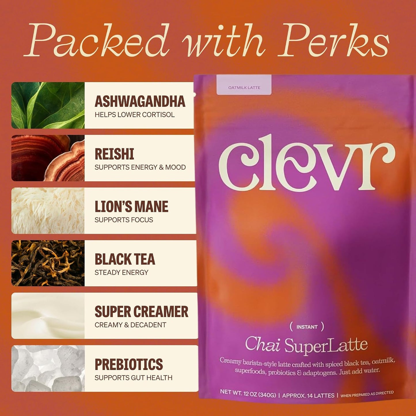 Clevr Pistachio Matcha SuperLatte, Organic Ceremonial Grade, Instant Superfood Powder Blend with Lions Mane, Reishi Mushroom, Coconut Cream, Ashwagandha, Serve Hot or Iced (14 Lattes)