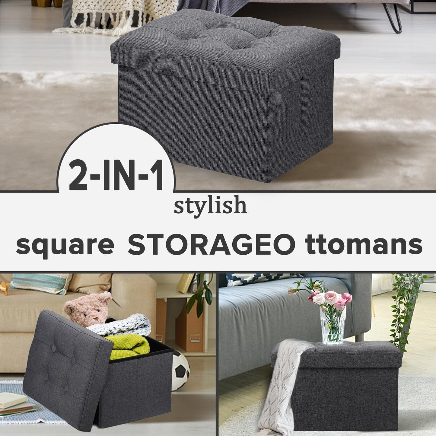 LINMAGCO Ottoman with Storage Small Foot Rest Stool Under Desk Stool Short Folding Footrest for Living Room Bedroom Home Office Dorm Dark Gray 16X12X12IN