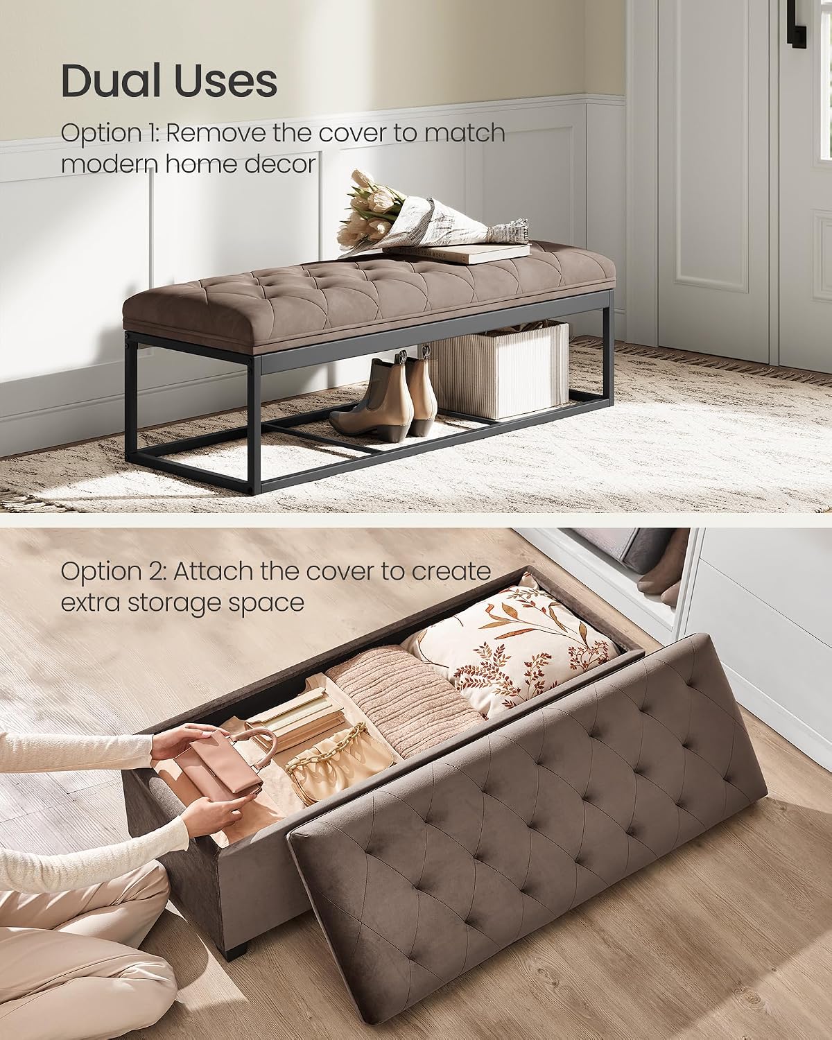 SONGMICS Storage Ottoman Bench, Foot Rest with Legs, 15.7 x 43.3 x 15.7 Inches, End of Bed Bench, Storage Chest, Load up to 660 lb, for Living Room, Bedroom, Entryway, Dark Gray ULSF088G01