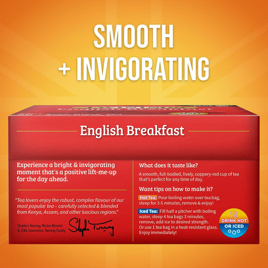 Twinings English Breakfast Black Tea Individually Wrapped Bags, 50 Count (Pack of 6), Flavourful, Robust, Caffeinated, Enjoy Hot or Iced, 300 Teabags