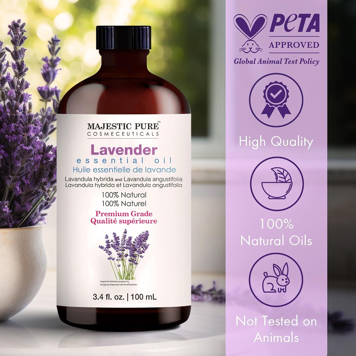 Majestic Pure Essential Oil with Glass Dropper - Essential Oils for Diffuser, Aromatherapy, Soap and Candle Making, Lavender Essential Oil, Lavender Oil, 4 Fl Oz