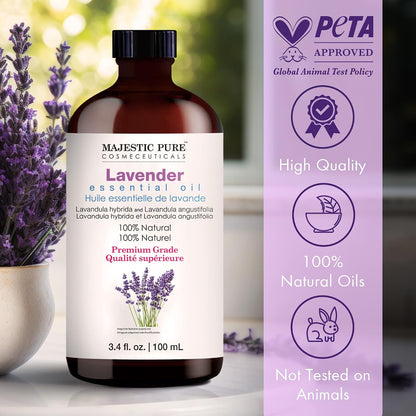 Majestic Pure Essential Oil with Glass Dropper - Essential Oils for Diffuser, Aromatherapy, Soap and Candle Making, Lavender Essential Oil, Lavender Oil, 4 Fl Oz