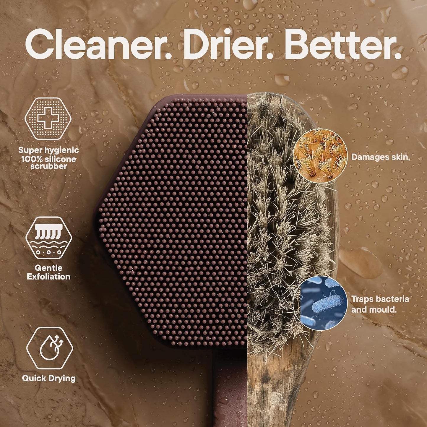 TOOLETRIES Silicone Back Scrubber for Shower, Exfoliating Body & Bath Brush, Long Ergonomic Handle, Non-Slip Grip for Hard-to-Reach Areas, Hygienic Silicone Bath Accessory for Men & Women - Charcoal