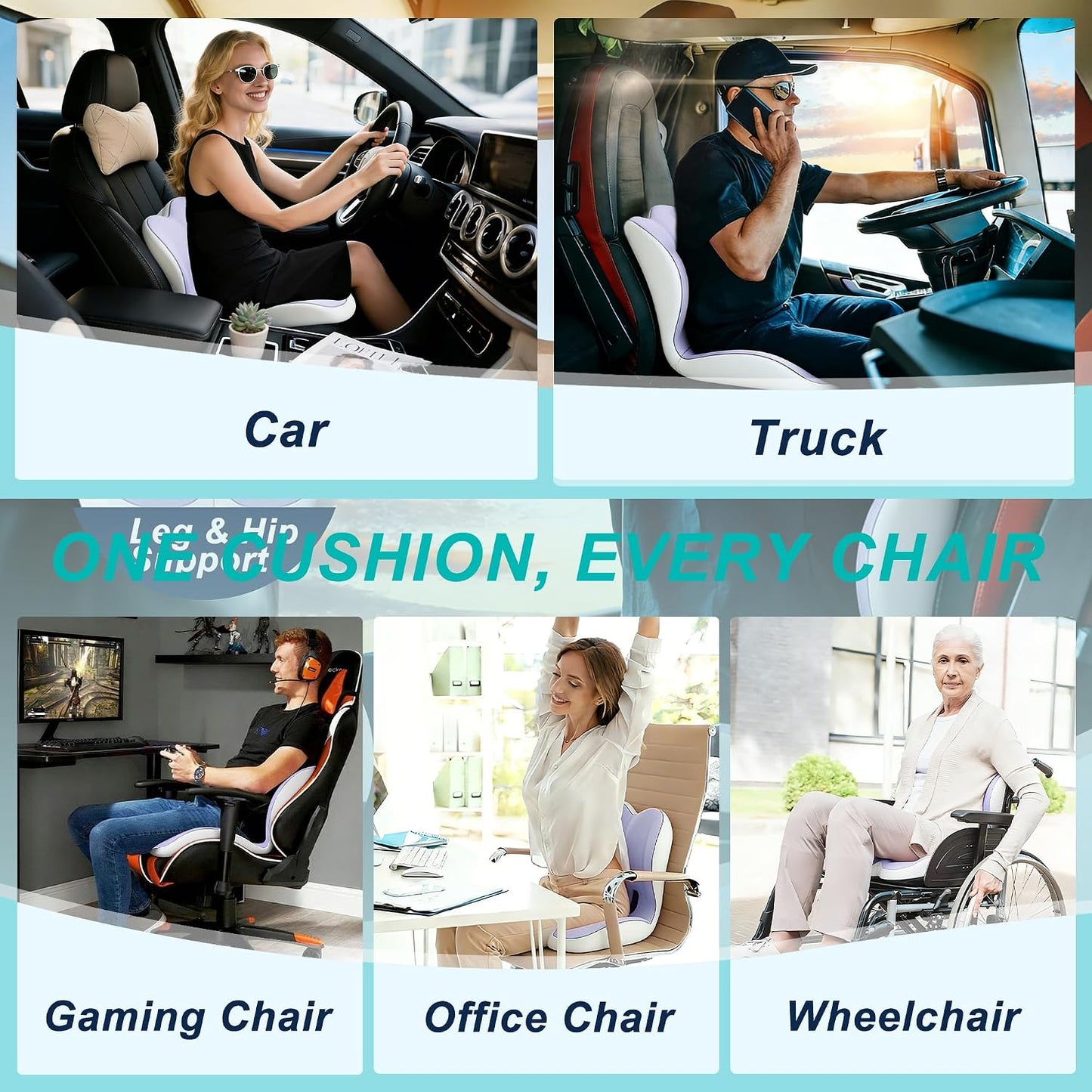 Seat Cushion for Office Chair and Car, Lumbar Support Pillow for Office Chair, Memory Foam Ergonomic Seat Cushion for Long Sitting, Back & Tailbone Pain, Sciatica - Dark Gray & Light Gray