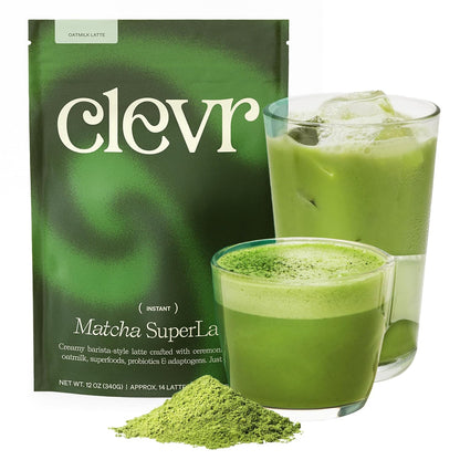 Clevr Pistachio Matcha SuperLatte, Organic Ceremonial Grade, Instant Superfood Powder Blend with Lions Mane, Reishi Mushroom, Coconut Cream, Ashwagandha, Serve Hot or Iced (14 Lattes)