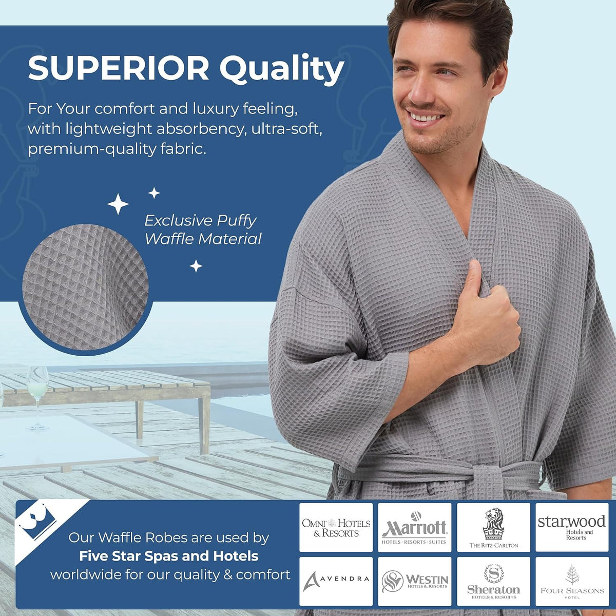 Monarch Square Waffle Spa Kimono Robe for Men or Women