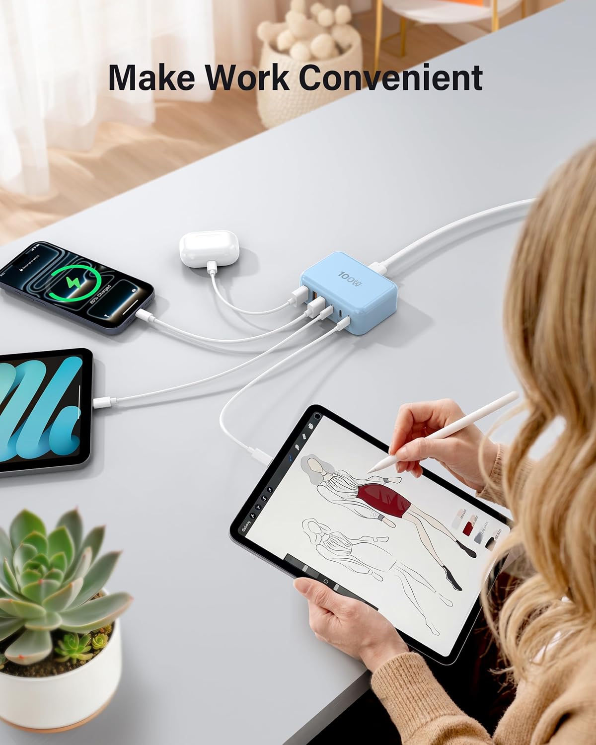 USB Fast Charger Block 50% Smaller 100W Max 6-Port GaN USB Charging Station