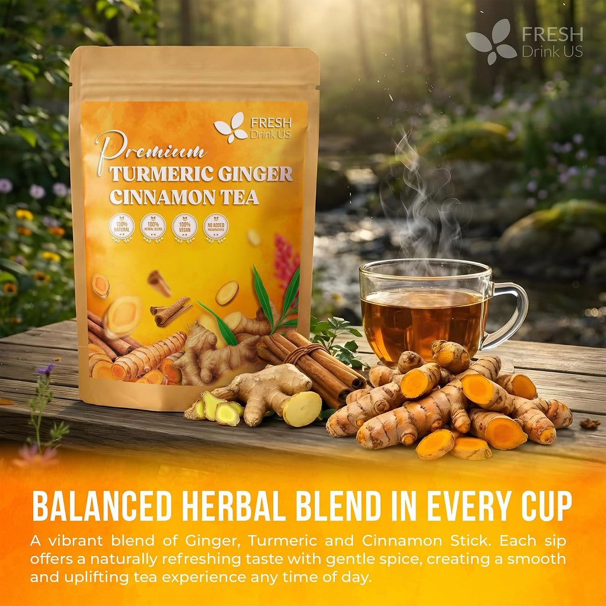 FreshDrinkUS, Premium Turmeric Ginger Cinnamon Tea, 75 Count, No Caffeine