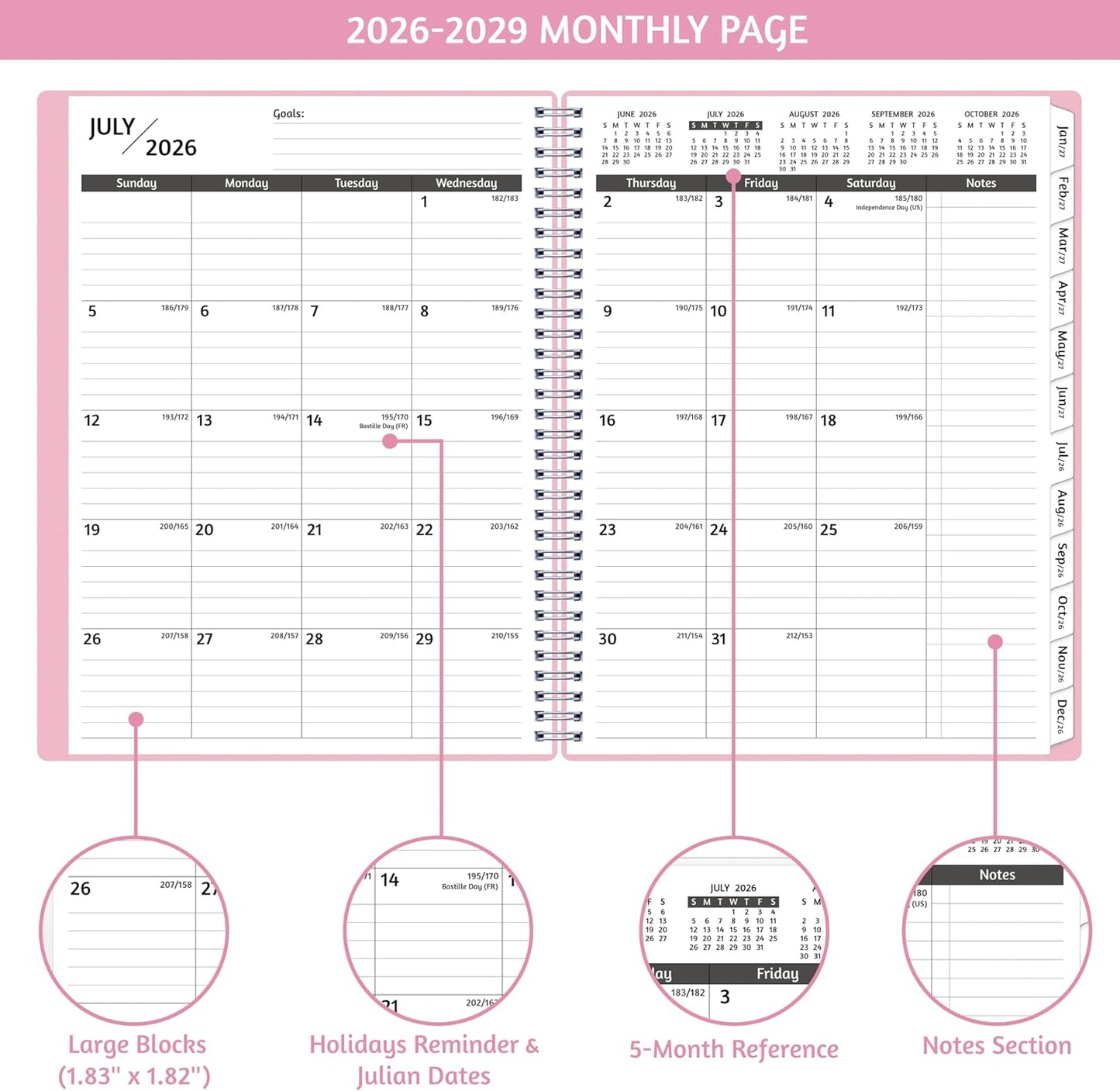 Monthly Planner 2026-2029, 36 Months Calendar Planner 2026-2029 from Jul 2026 – Jun 2029, 8.5'' x 11'' with Ruled Spread, Flexible Cover, Spiral Wirebound, Pocket, Coated Tabs, Notes ＆ Habit Tracker