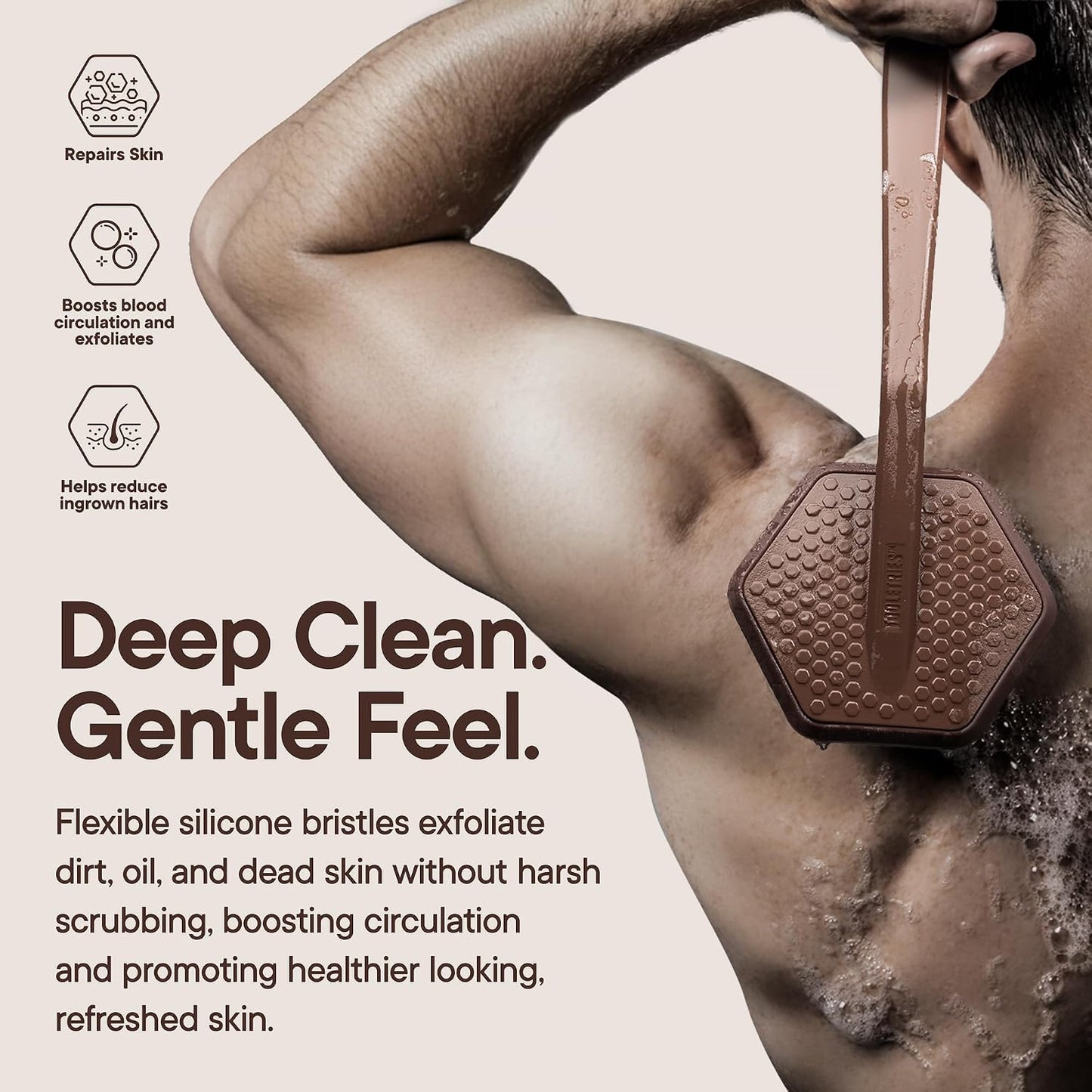 TOOLETRIES Silicone Back Scrubber for Shower, Exfoliating Body & Bath Brush, Long Ergonomic Handle, Non-Slip Grip for Hard-to-Reach Areas, Hygienic Silicone Bath Accessory for Men & Women - Charcoal
