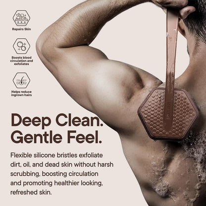 TOOLETRIES Silicone Back Scrubber for Shower, Exfoliating Body & Bath Brush, Long Ergonomic Handle, Non-Slip Grip for Hard-to-Reach Areas, Hygienic Silicone Bath Accessory for Men & Women - Charcoal