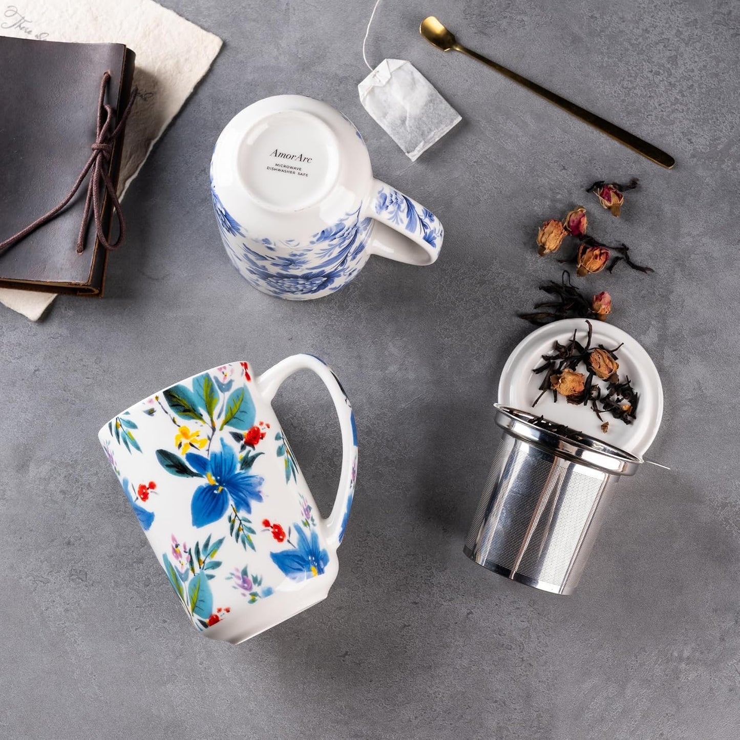 AmorArc Porcelain Tea Mug with Infuser and Lids, 18 Oz Large Cup Strainer with Bag Holder for Loose Leaf Tea, Steeping Coffee Mug for House-warming Wedding Birthday Gift