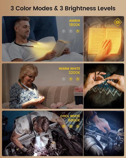 Glocusent Book Light, 3-Color & 6-Brightness Reading Light, Bendable Neck Light, 80-hr Lasting Rechargeable Book Light, Perfect Reading Lights for Books in Bed, Knitting, Repairing, Book Lovers Gifts