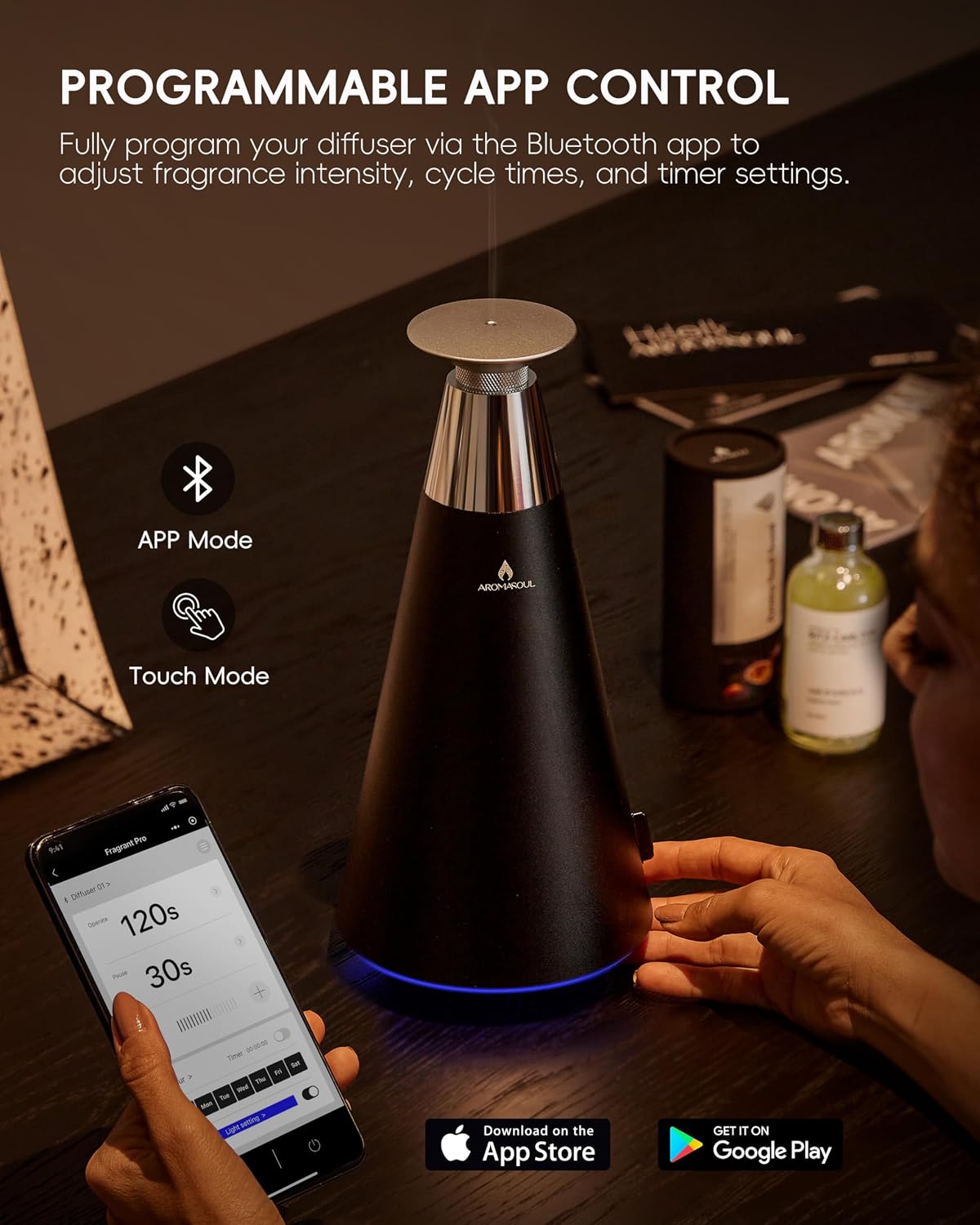 All-Metal Waterless Scent Diffuser Kit – 1500 Sq.Ft Coverage, Wireless Rechargeable,App Control, Mood Light, Hotel Scent Diffuser, Includes 5×15ml Essential Oils, for Home,Large Room,Spa,Silver