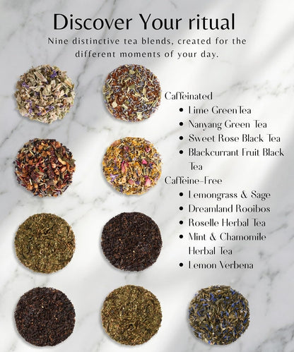 EZR LEAF The Daily Ritual Box – Tea Variety Pack Gift Set, 9 Assorted Tea Blends, Premium Pyramid Tea Bags, Herbal, Black＆Green Tea Collection, Tea Gifts for Tea Lovers, Lemon Verbena, Lemongrass , Rooibos , Lime , Sencha , Blackcurrant , Sweet Rose ,