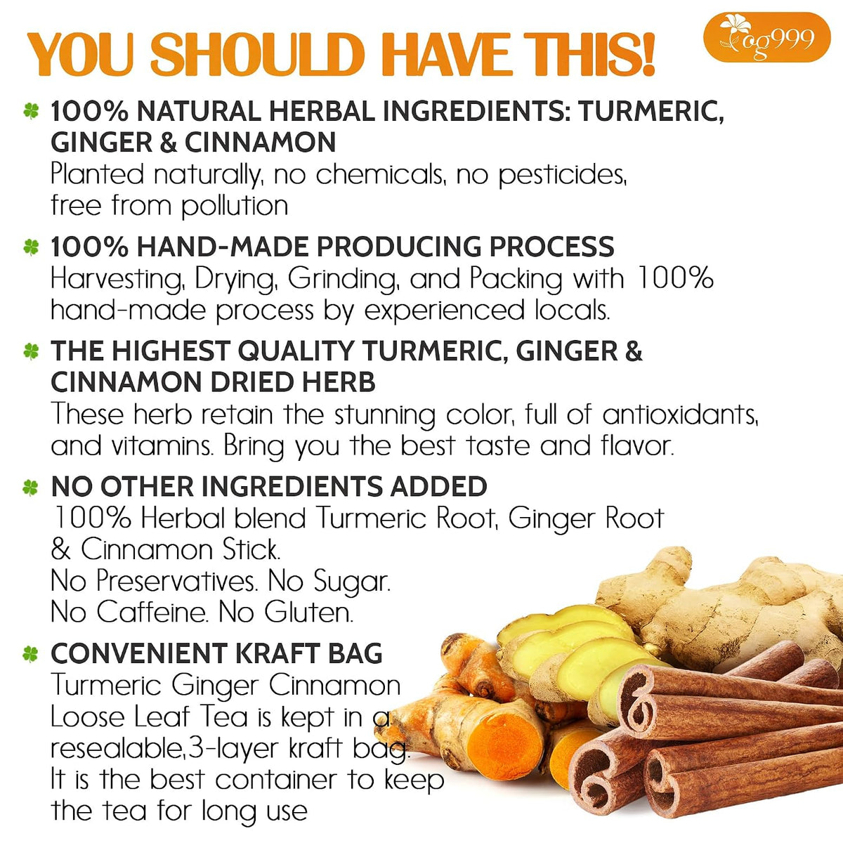 TOG999, Premium 15oz Ginger Turmeric Cinnamon Loose Leaf Herbal Tea - Premium Quality Spiced Herbal Blend – Caffeine-Free, Non-GMO, Natural Dried Roots and Bark. Vegan-Friendly.