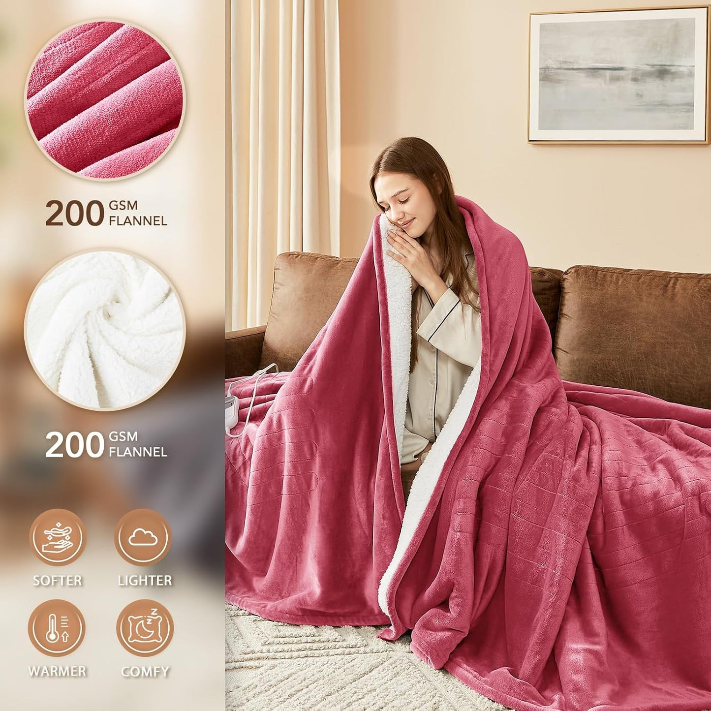 Homemate Electric Heated Blanket Twin - 62"x84" Heating Bed Blankets Throw with 10 Heating Levels 8 Hours Auto Off Fast Heating Over-Heated Protection Ultra Soft Warm Flannel ETL Certified Grey - Colors B
