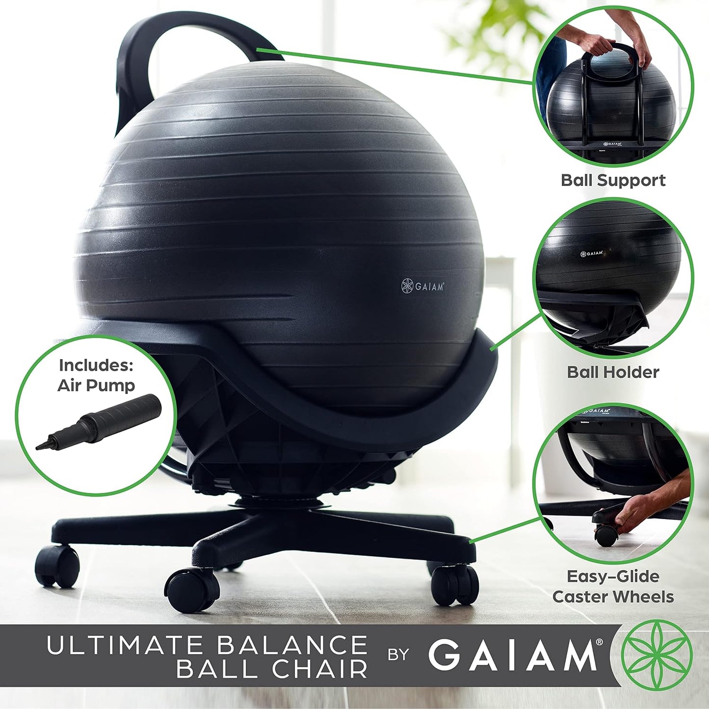 Gaiam Classic Balance Ball Chair – Ergonomic Stability Chair for Desk & Office | Yoga Ball Seat with Base, Air Pump, & Exercise Guide | Improves Posture & Core Strength (300 lb Capacity)