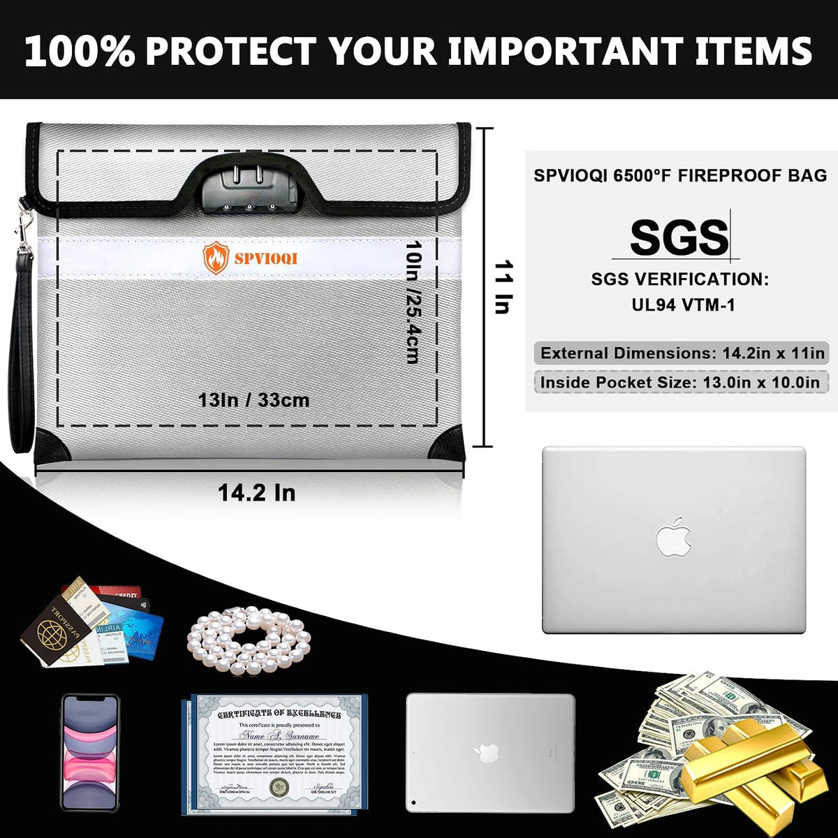 6500°F Upgraded Fireproof Document Bag with Lock, Fire proof Money Bag for Cash w. Zipper/Reflective Strip, 10 Layers of Heat Insulated Materials, Water Resistant Fireproof Bag for Documents, Fire Bag