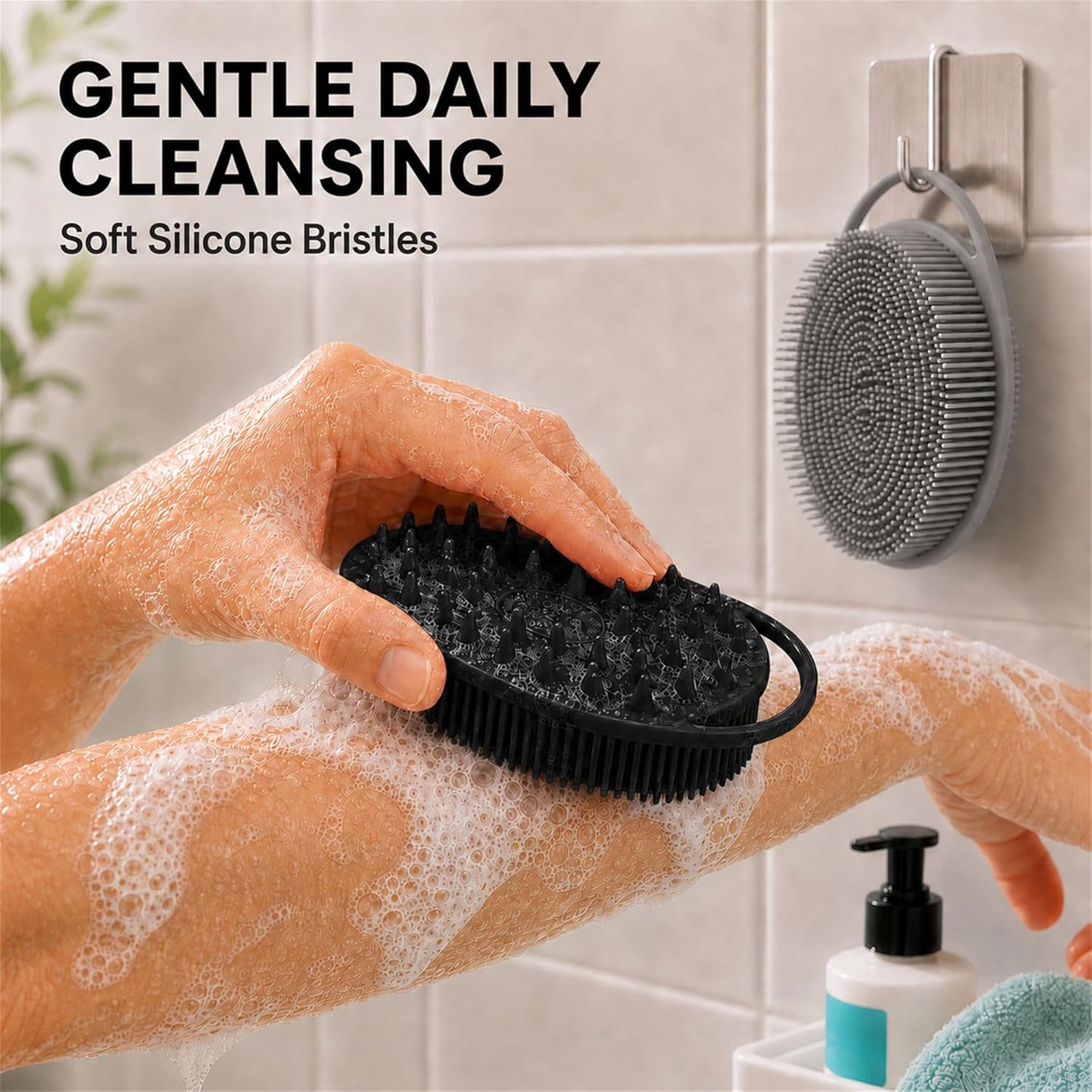 2 Pack Silicone Body Scrubber, Loofah Double-Sided Body Brush,Shower Scrubber and Scalp Massager Shampoo Brush for Sensitive Kids Women Men All Kinds of Skin (Black & Pink)