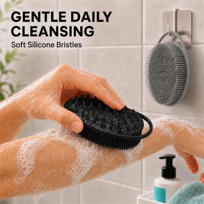 2 Pack Silicone Body Scrubber, Loofah Double-Sided Body Brush,Shower Scrubber and Scalp Massager Shampoo Brush for Sensitive Kids Women Men All Kinds of Skin (Black & Pink)