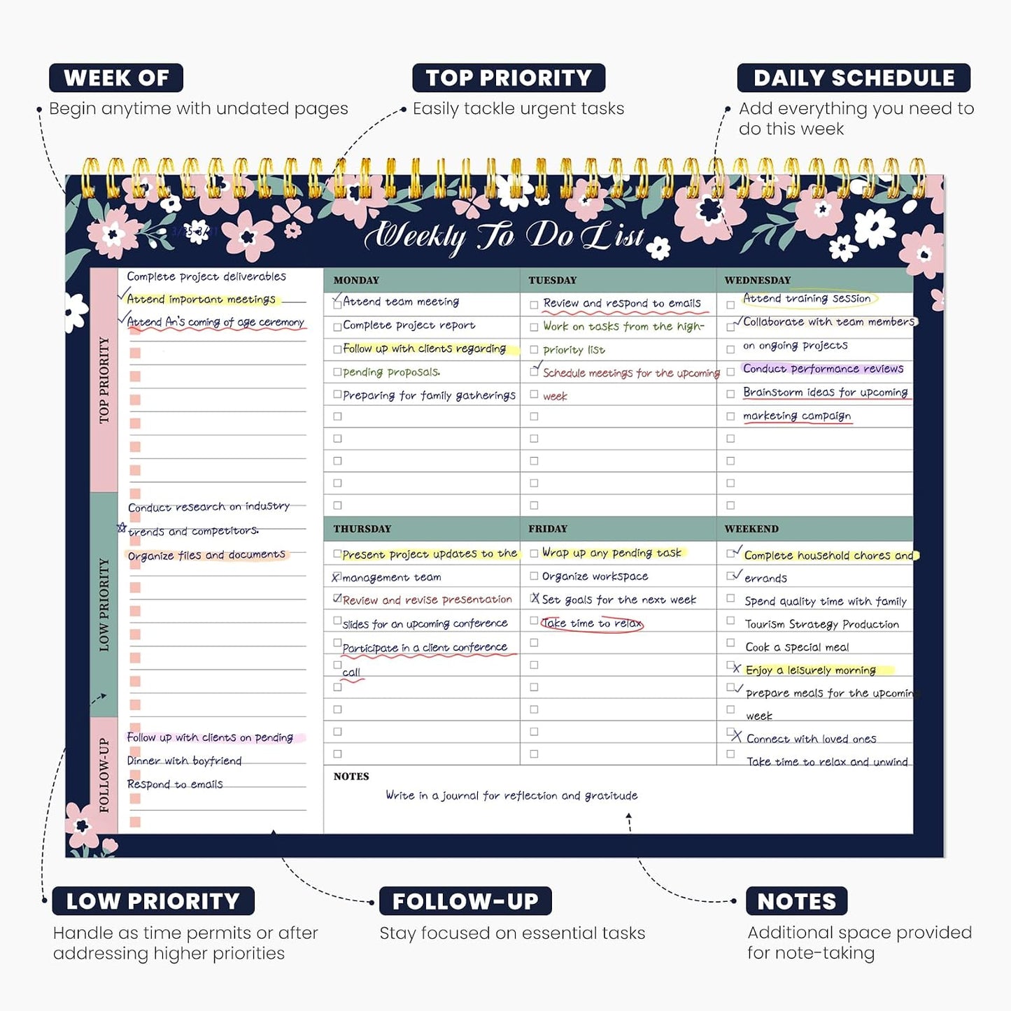 Weekly To Do List Notepad with 52 Undated Sheets（8.5"×11"）- Undated Weekly Planner Notepad for Office Desk Accessories and Supplies - Sunshine Petal