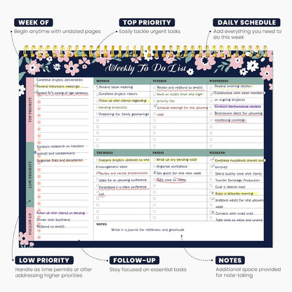 Weekly To Do List Notepad with 52 Undated Sheets（8.5"×11"）- Undated Weekly Planner Notepad for Office Desk Accessories and Supplies - Sunshine Petal