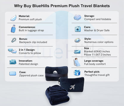 BlueHills Premium Soft Plush Mini Travel Blanket Pillow Plane 2 in 1 Gray