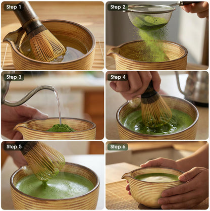 Matcha Whisk Set 7-Piece with Handmade Matcha Bowl & 100-Prong Purple Bamboo Whisk (Chasen), Complete Matcha Kit with Holder, Scoop & Rest, Bamboo Tea Mat, Gift-Ready Matcha Set