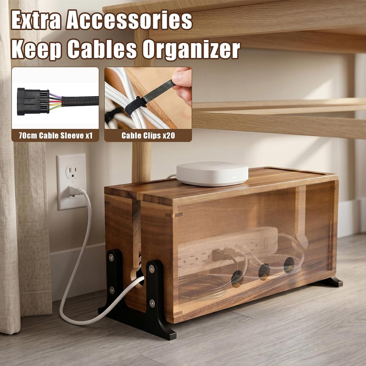 Extra Large Acacia Wood Cable Management Box, Pet Child Safe Cord Hider