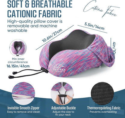 SkytraxComf® Travel Neck Pillow with Hood for Privacy on Long Flights | Memory Foam | Airplane Sleep | Safety-Tested Materials | Extra Large Hood | Chin Support | Earplugs | Washable Cover
