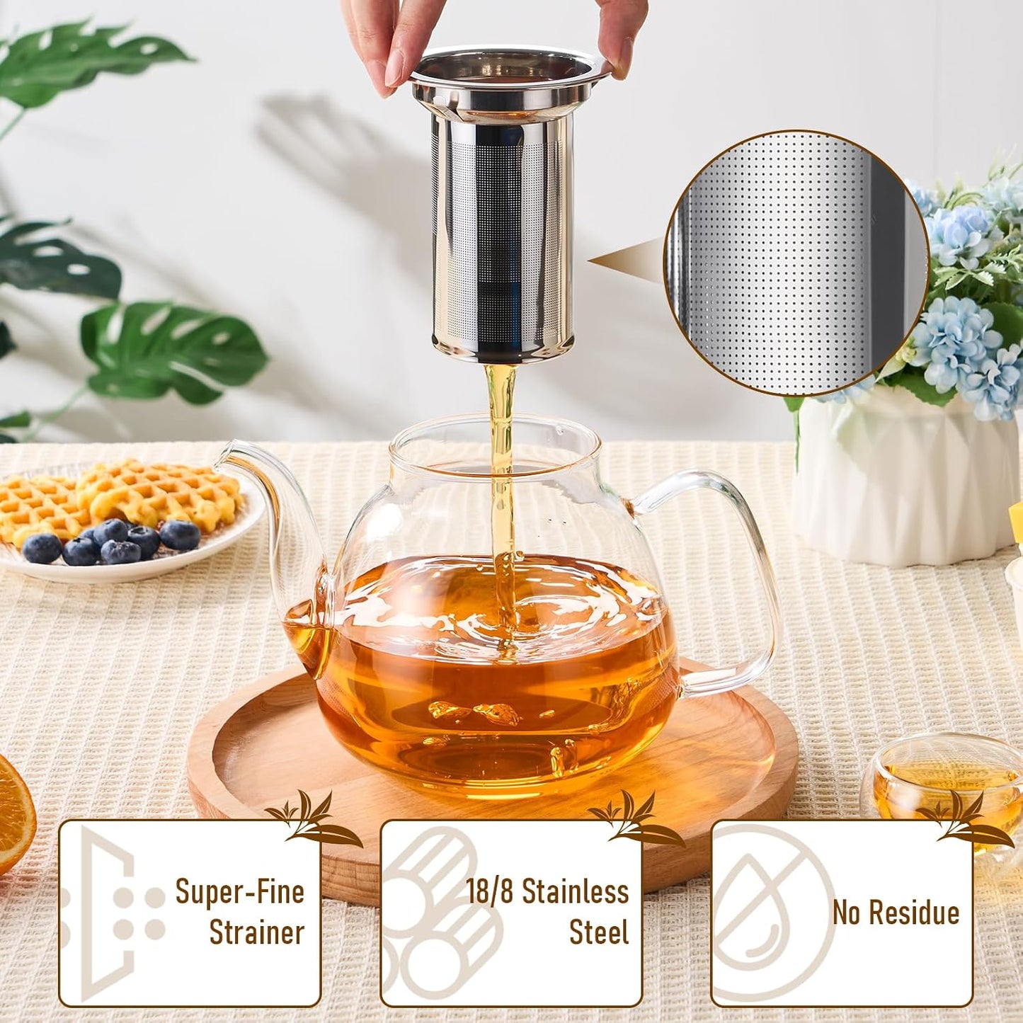 PARACITY Glass Teapot Stovetop 40 OZ/1200ml, Borosilicate Clear Tea Kettle with Removable 18/8 Stainless Steel Infuser, Teapot Blooming and Loose Leaf Tea Maker Tea Brewer for Camping, Travel