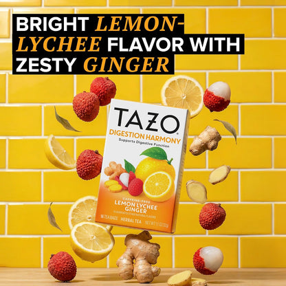 Tazo Digestion Harmony Herbal Tea Bags, Lemon Ginger Lychee, 16ct, 6-Pack