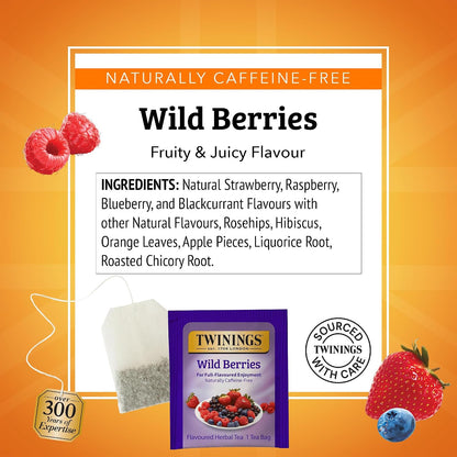 Twinings Wild Berries Herbal Tea Individually Wrapped Bags, 20 Count (Pack of 2), Full-Flavoured, Naturally Caffeine-Free, Enjoy Hot or Iced, 20 Teabags