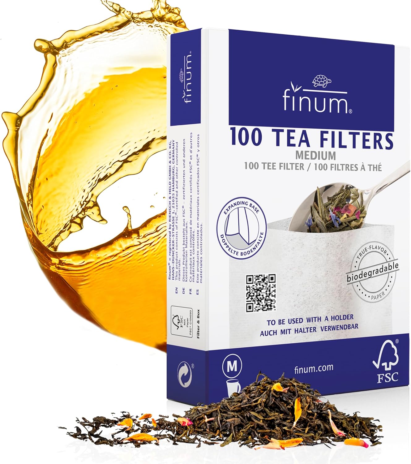 Finum Disposable Paper Tea Filter Bags for Loose Tea, Brown, Large, 100 Count